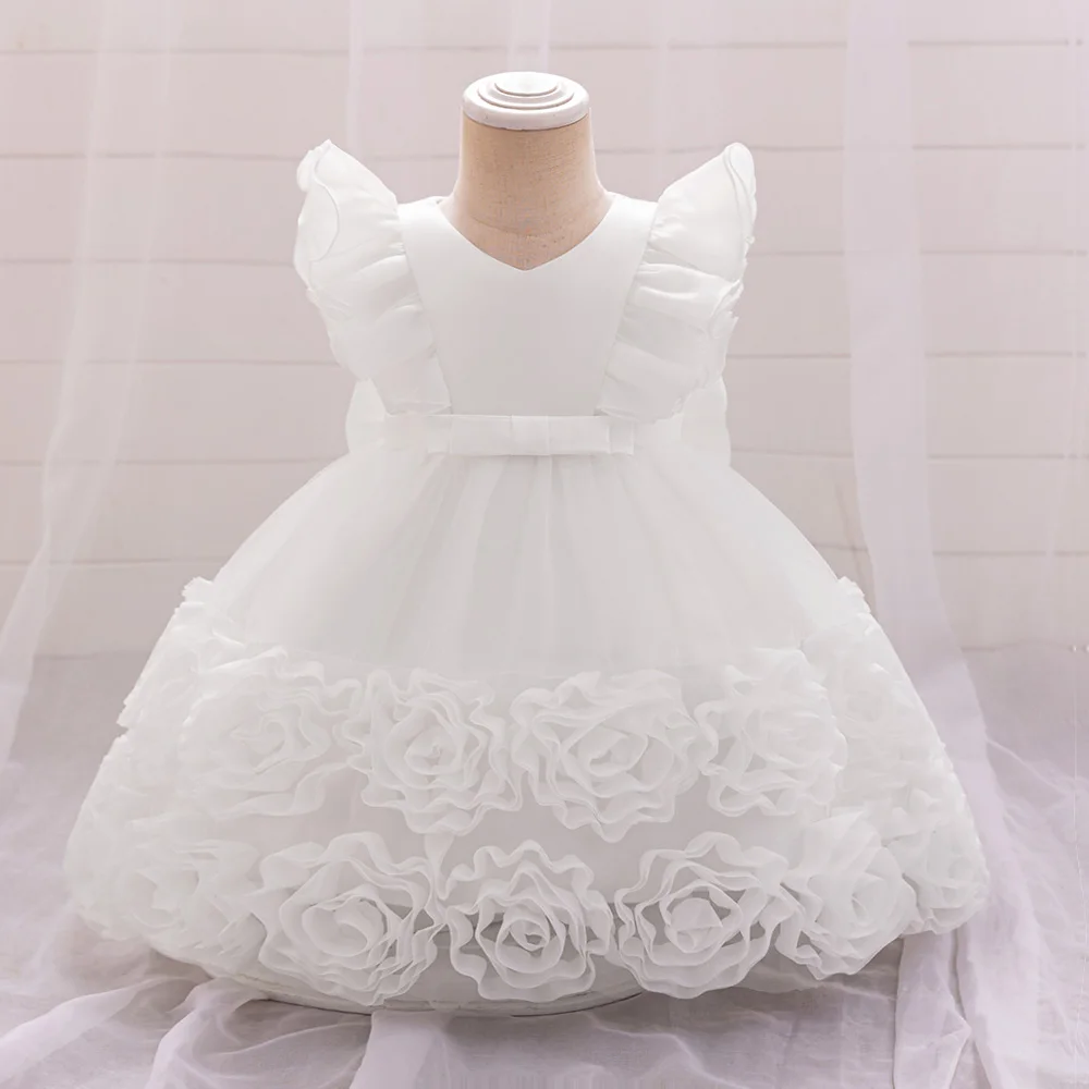 Big Bow Baby Party Dresses for Girl Christmas Costume Flying Sleeve Flower Princess 1st Birthday Baptism Girl Dress Wedding Gown