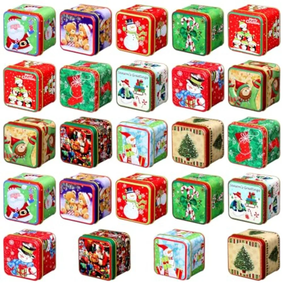 

24 Pcs Christmas Cookie Tins with Lids Square Candy Metal Cookie Tins Empty Retro Xmas Metal Gift Box Large Capacity Xmas Tin C