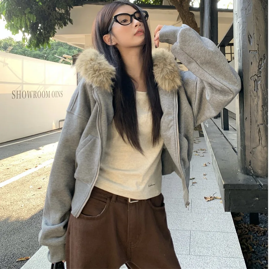 Sweat à capuche coréen Sle pour femmes, Long col en fourrure, décontracté, Chic, automne hiver, nouvelle collection, effet amincissant, sensation haut de gamme, ort...