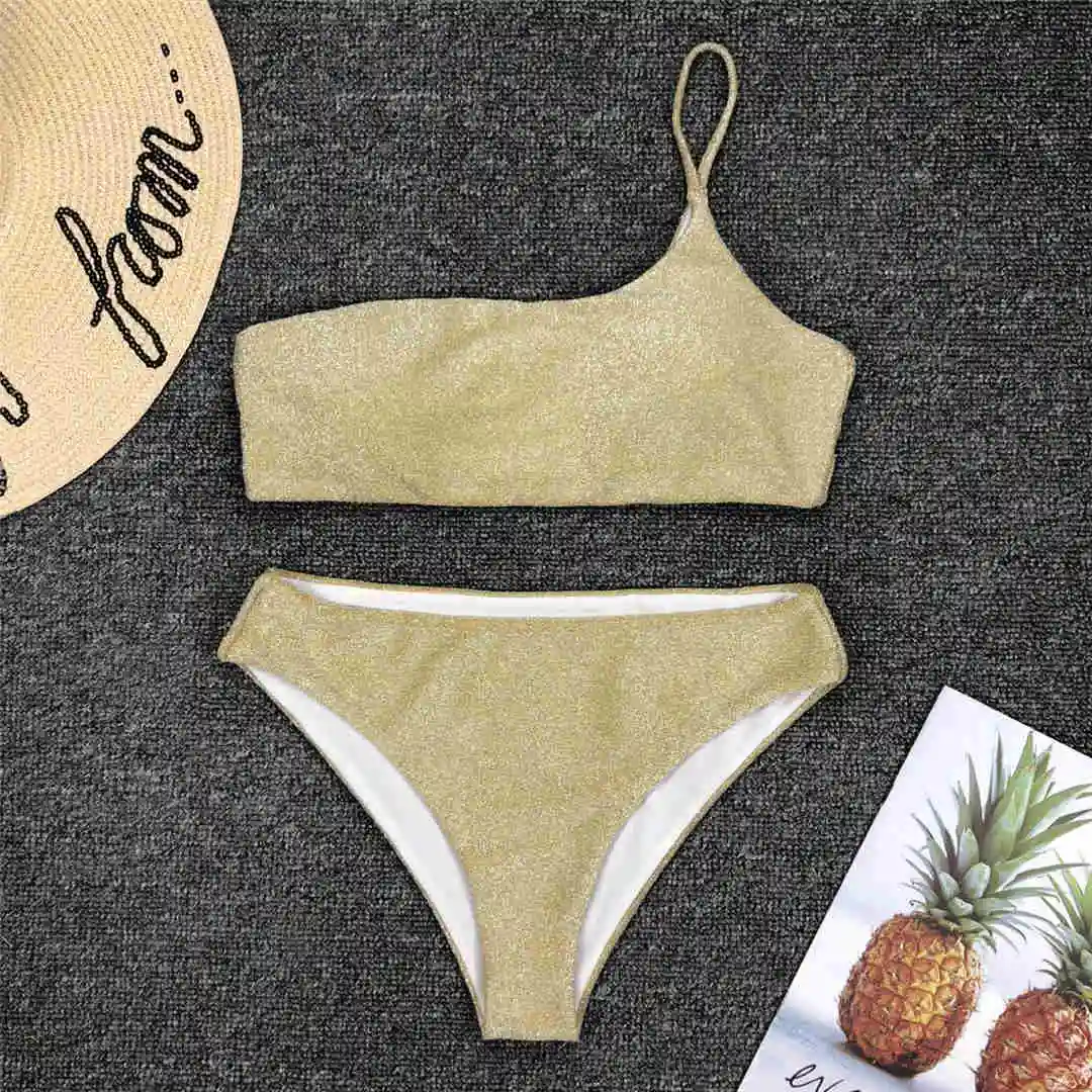 Glitzernder, funkelnder Bikini mit hoher Taille, Damen-Badeanzug, zweiteiliges Bikini-Set, One-Shoulder-Badeanzug V1264 – Detail 15