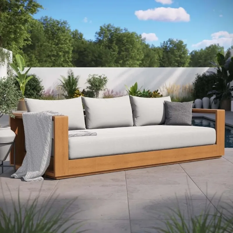 

Acacia Wood Outdoor Patio Sofa in Natural Light Gray with Weather-Resistant Cushions - Ideal as a Porch Couch or Sunroom