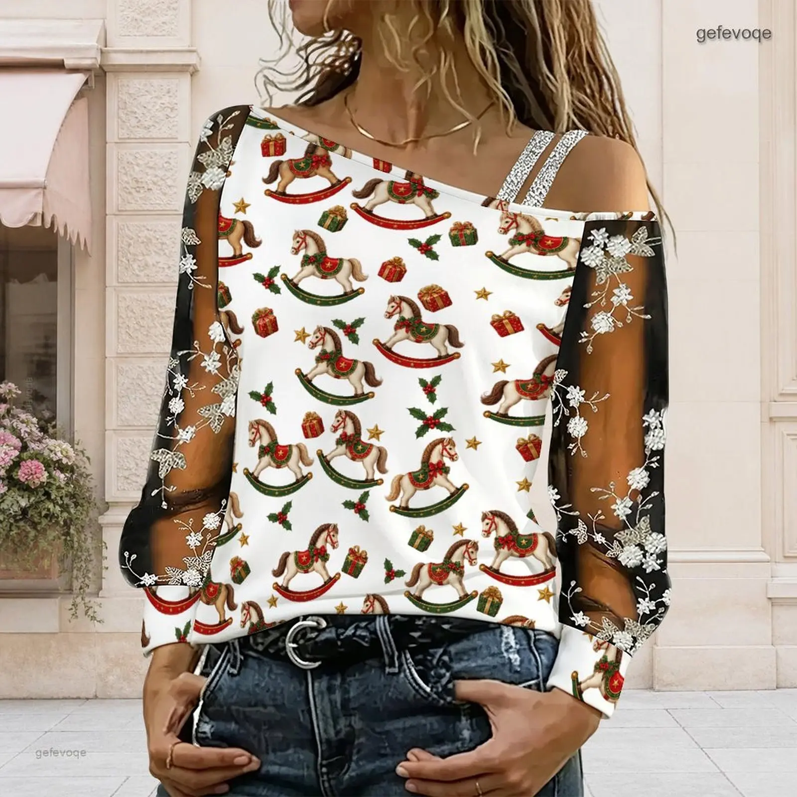 Women Asymmetric Cold Shoulder Long Sleeve Top Printed Christmas Rocking Horse Sheer Mesh Casual Top