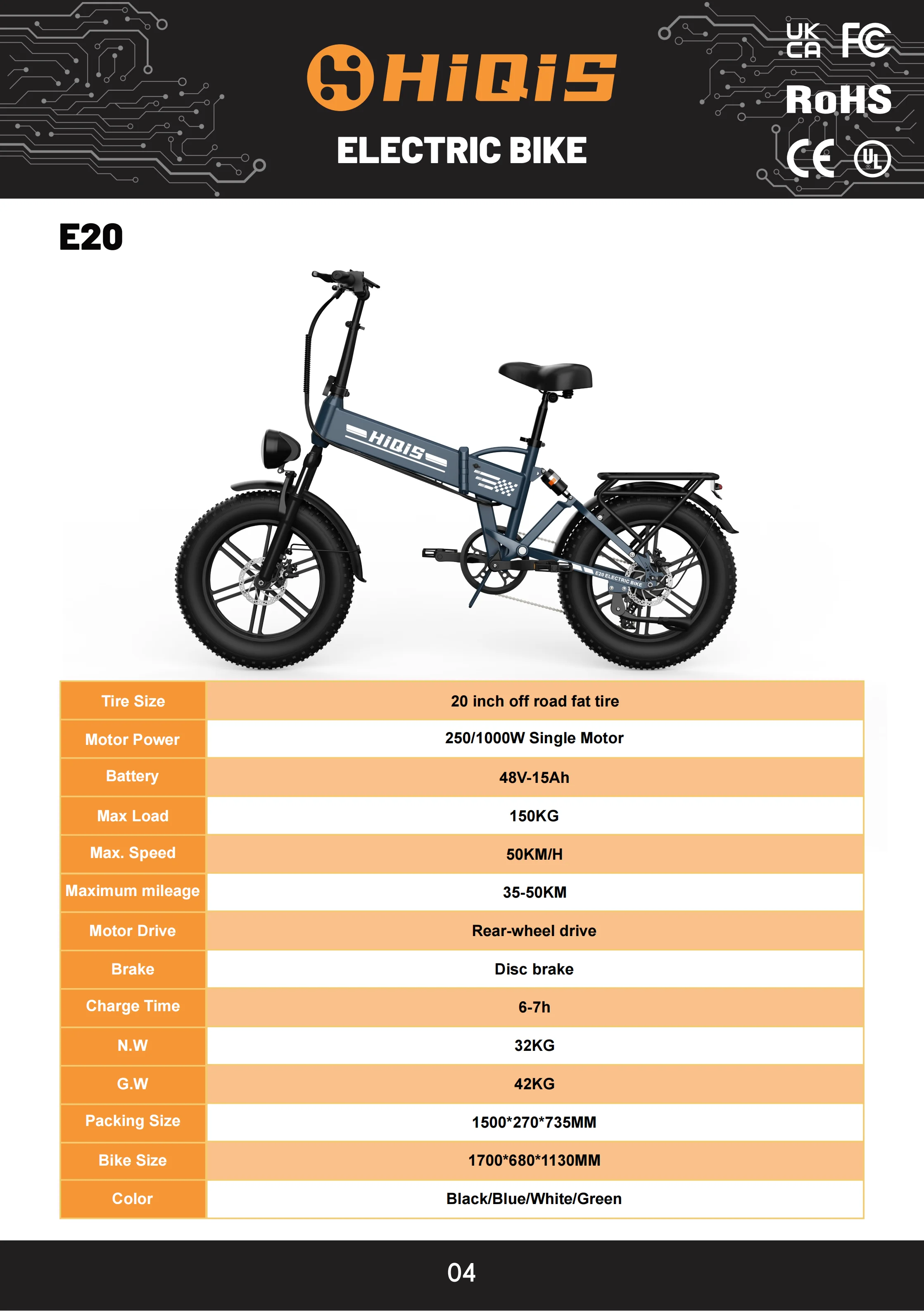 Electric bicycle E20 1000W motor 48V40AH battery electric bike 20in tires foldable suitable for camping city ​​commuting e-bike