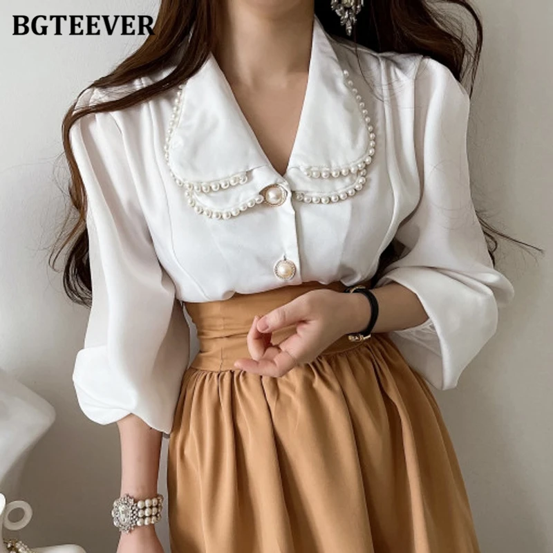 

BGTEEVER Elegant Lapel Single-breasted Women Blouses Autumn Vintage Long Sleeve Pearls Female White Shirts Ladies Tops