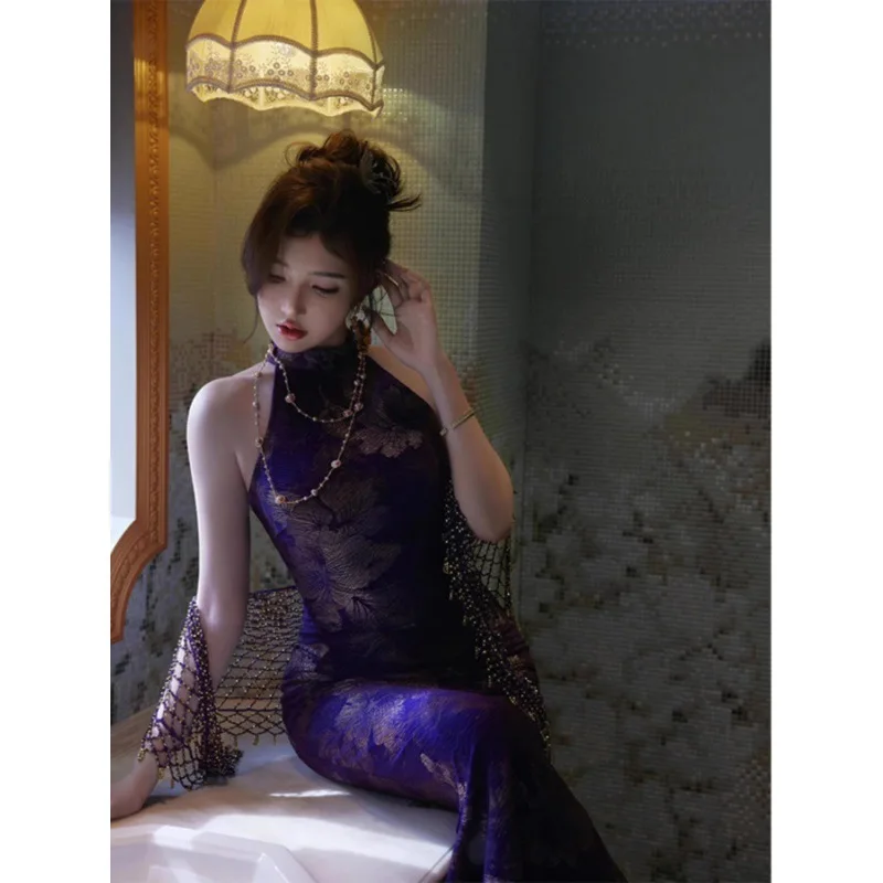

New Chinese Style Improved Cheongsam for Women 2024 New Young High-End Temperament Jacquard Purple Sexy Sheath Dress