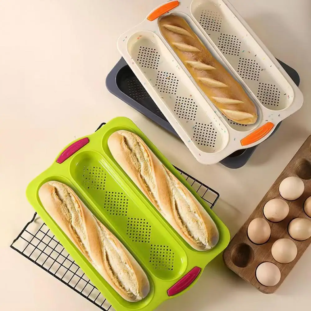 Practical Baguette Pan 3 Slots Non-sticky Soft Silicone Baguette Pan  3-Colors Loaf Mould for Bakery