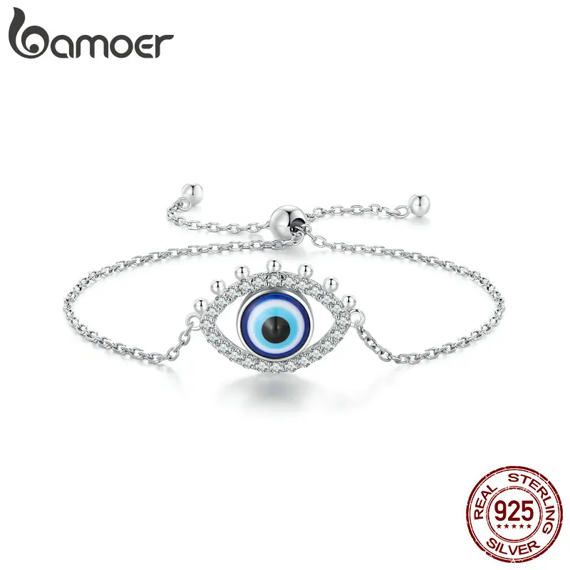 Bamoer 925 Sterling Silver Lucky Demon Eye Adjustable Bracelet Evil Eye Chain Link for Women Pave Setting CZ Fine Jewelry