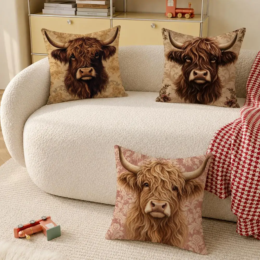 Highland Cow Floral Art Cushion Cover Pillow Cover Decorative Throw Couch Home Decor for Living Room Sofa