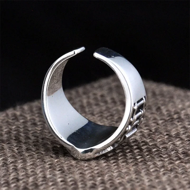 S925 Sterling Silver Ring Live Mouth Men's Wide Thai Silver Letter Open Ring Hip Hop Punk Gift