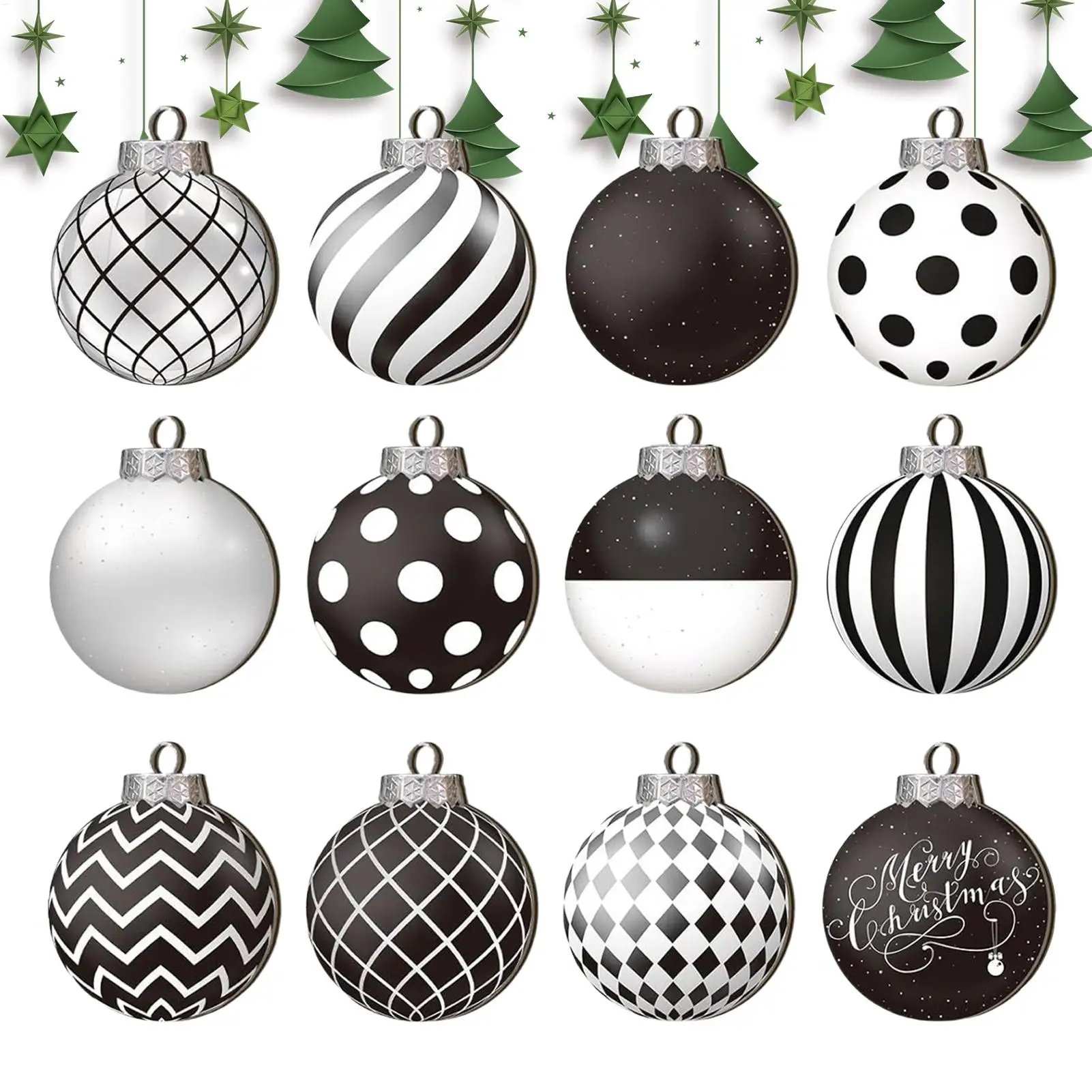 12PCS Christmas Balls Black White Hand-Painted Hanging Ball Xmas Tree Pendants Ornaments Home Decor 2025 New Year Gifts