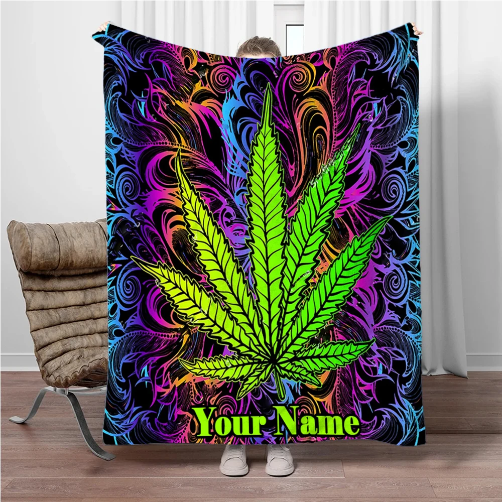 

Custom Name Personalized Flannel Blanket Cannabis Leaf Mandala Soft Warm Blanket for Bed Sofa Bedspread Picnic Travel Blanket