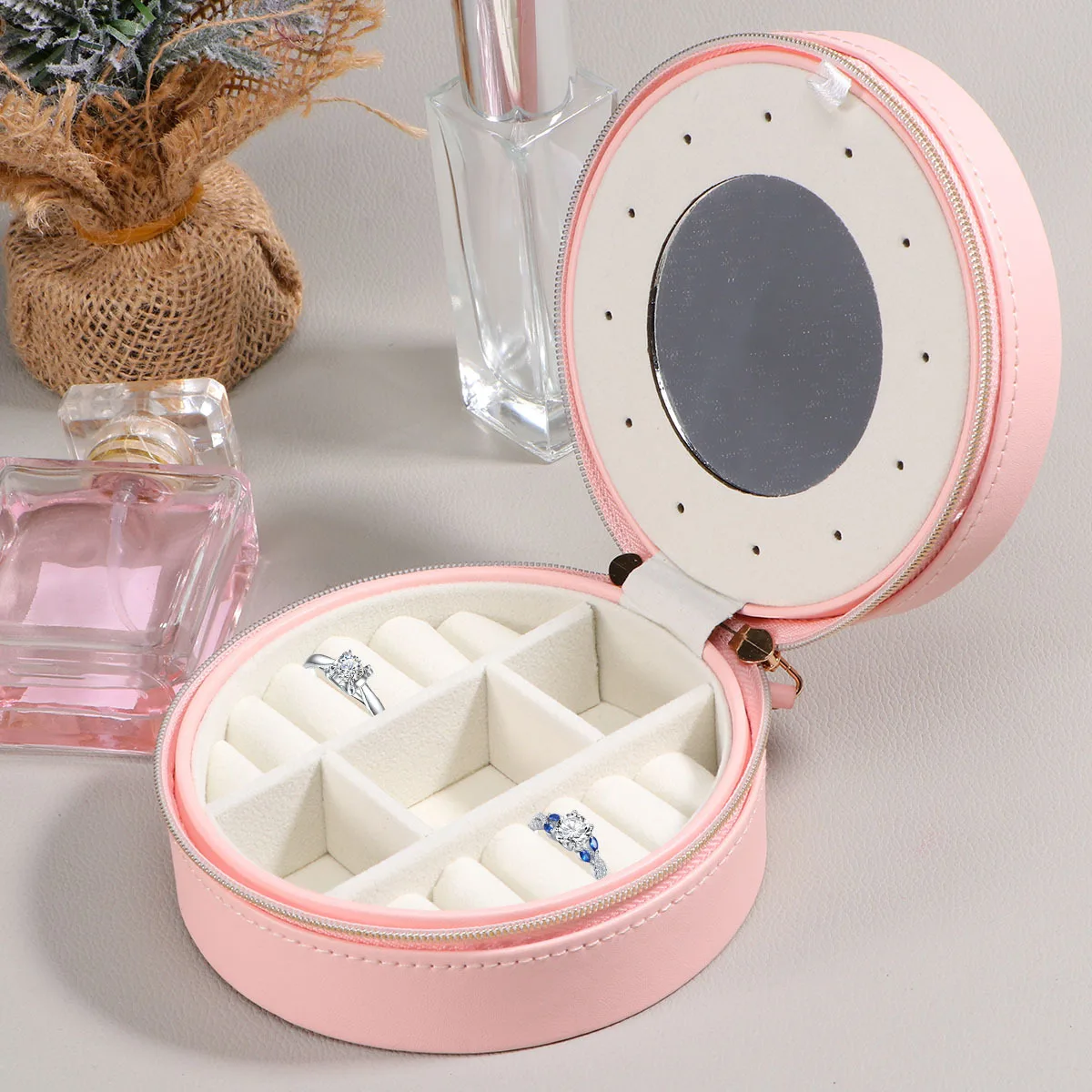 

1Pcs Round Jewelry Organizer Compact PU Case Large Capacity Storage Holder for Earrings Rings Travel Pink Jewelry Case