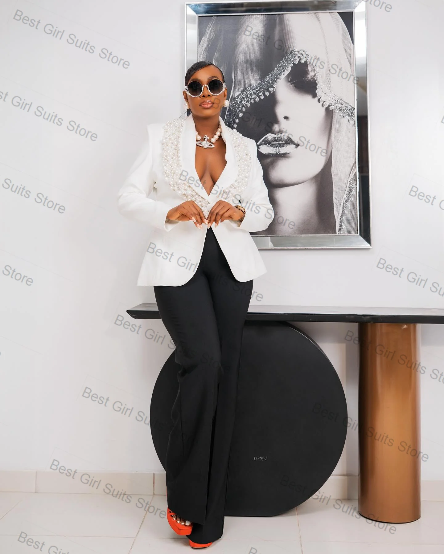 

Luxury White Women Suit Set 2 Piece Blazer+Pants Trousers Appliqued Beaded Formal Office Lady Jacket Customized Wedding Coat