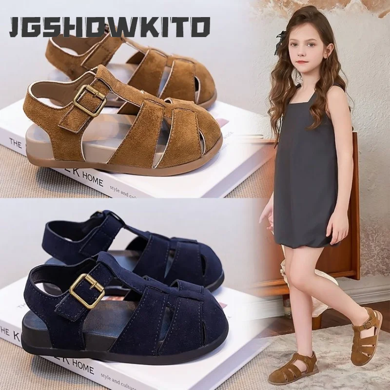 JGSHOWKITO Girl Hollow-out Beach Sandals Summer Suede Kids Anti-kick School Shoes Breathable Non-slip Children Gladiator Sandals