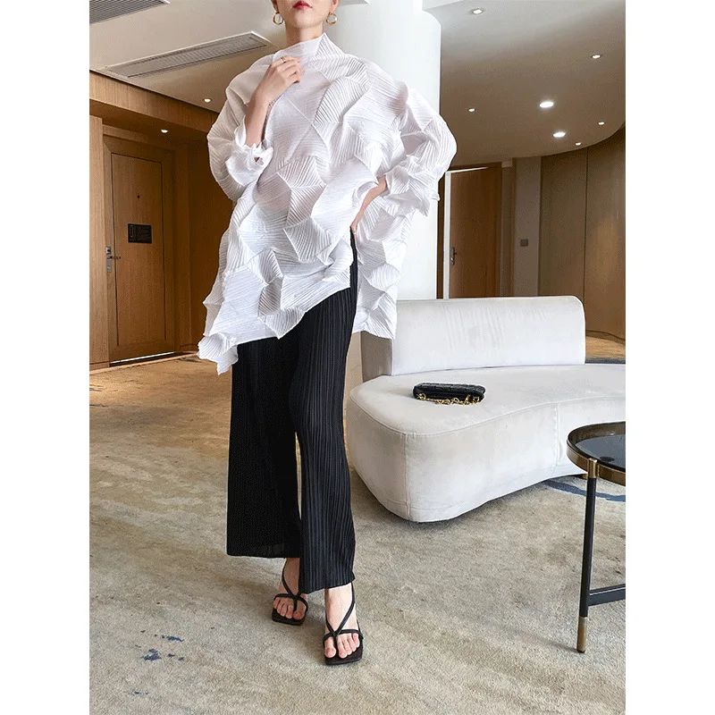 Diamond Pleated Top Spring/Summer 2022 New Pullover Shirt Loose High Neck Unique Design Top Aesthetic Clothes