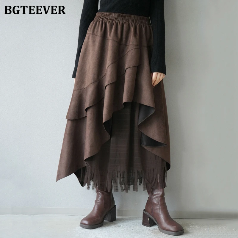 BGTEEVER Stylish Irregular Female Mid-Length Skirts Autumn Tassels A-line Skirts for Women