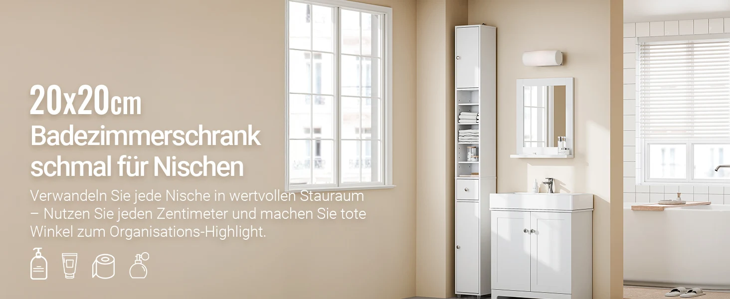 SoBuy BZR34 Badezimmerschrank Hochschrank Schmal Badschrank für kleine Bäder mit verstellbaren Einlegeböden Badezimmer 20x20x180 – Detail 5