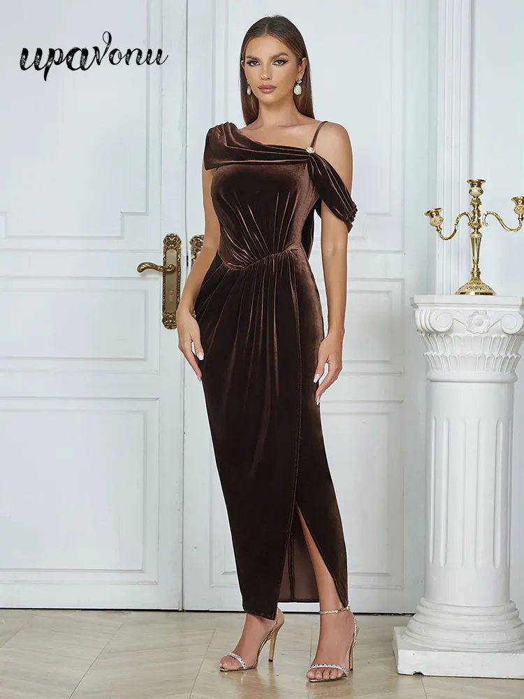 

2023 Sexy Women's Velvet Dress Diagonal Neck Strap Sleeve Bodycon Draped Split Midi Dress Celebrity Cocktail Evening Party Dress