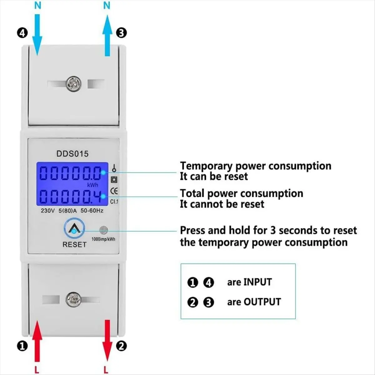 Digital Single Phase Meter 5-80A 230V 50Hz Meter DDS015 35mm DIN Rail Mount with Clear Display Backlight