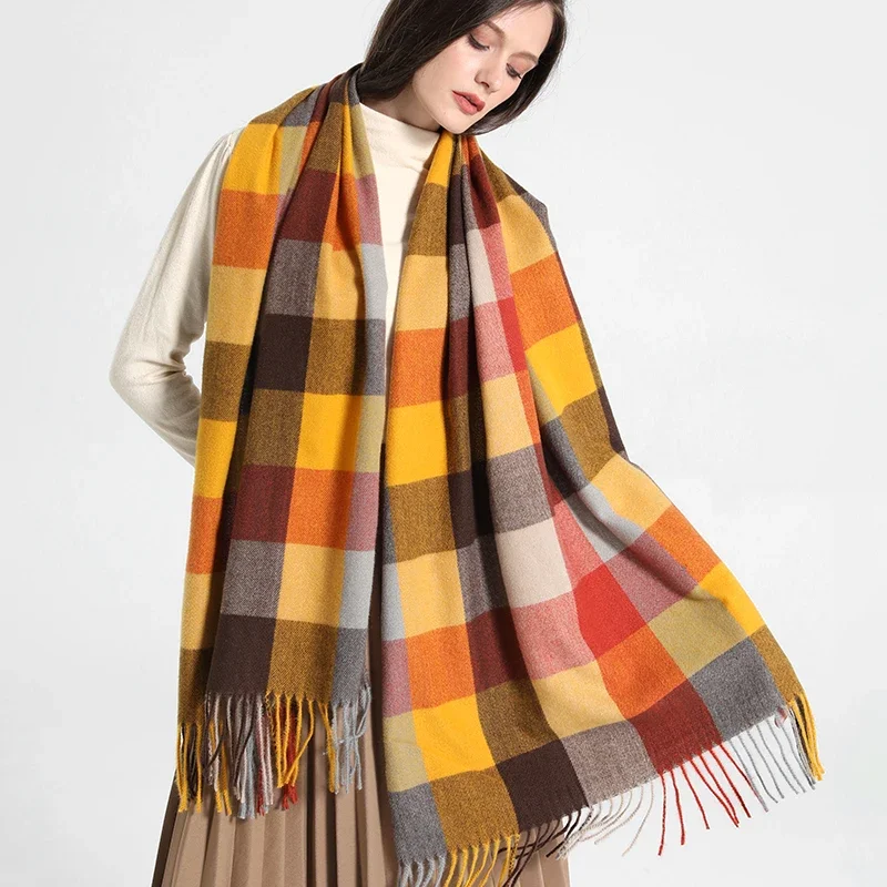 2023 New Women Simulated Cashmere Checker Scarf Warm in Winter Long Thick Cashmere Touch Tassel Fashion Color Checker Scarf