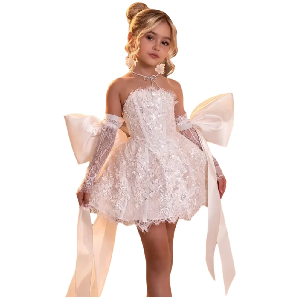 Maßgeschneidertes Luxus-Blumenmädchenkleid für Hochzeit, Geburtstag, Party, Festzug, Laufsteg, Neckholder, Kurze Spitze, Große Schleife, Formelles Kinderkleid فساتين اطفال