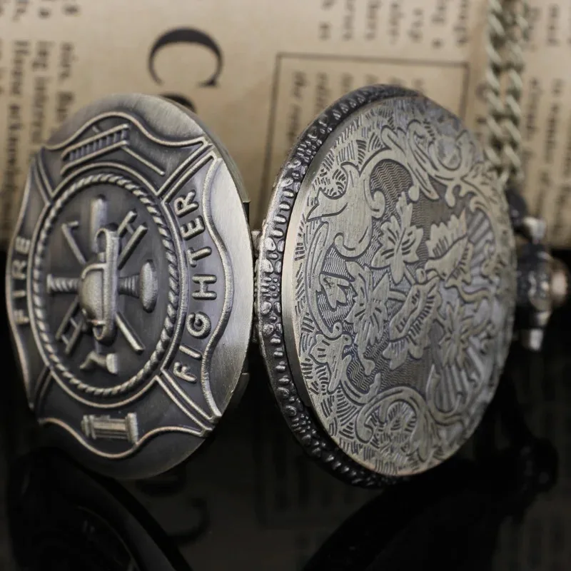 빈티지 청동 소방 패턴 석영 주머니 시계 고품질 아랍어 숫자 목걸이 펜던트 체인 남성과 여성의 선물