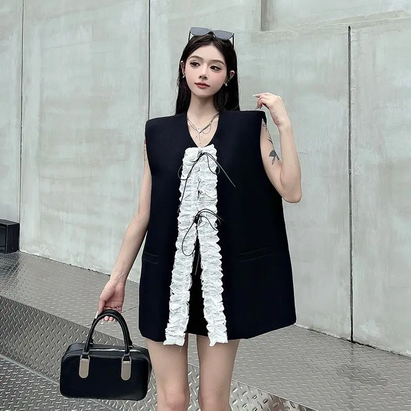 

Women's Vest Lace Lace Patchwork Vest Coat Top Summer New Loose Sleeveless Round Neck Contrasting Color