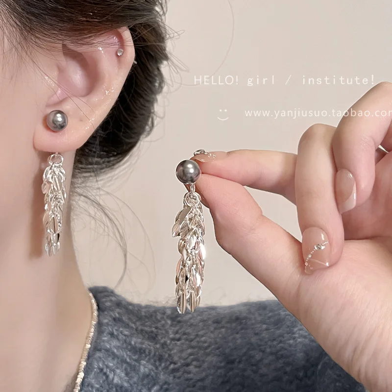 Tiger Eye Tassel Drop Earrings Gold Plated Slimming Face Lightweight Chic Autumn Winter Versatile Jewelry for Women