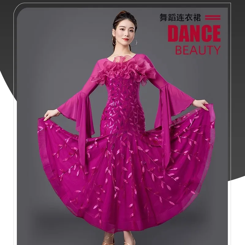 

Women's Ballroom Dresses Red Stage Performance Costume Long Sleeve Ballroom-competition-dresses Sequins Black Blue Waltz Dress