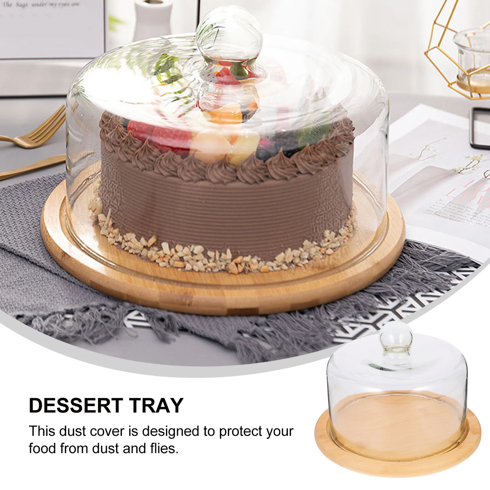 

1Pcs Cake Display Plate Bamboo Tray Glass Cover Practical Stable Multipurpose Food Display Bamboo Tray with Glass Cover