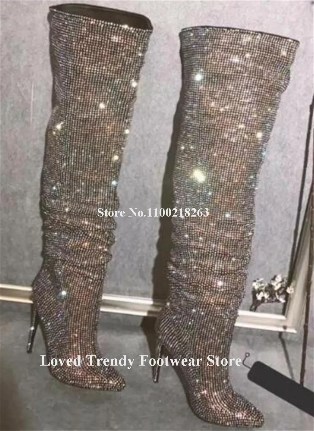 Shining Black Silver Rhinestones Over Knee Thin Heel Boots Bling Bling Pointed Toe Crystals Stiletto Heel Wedding Long Boots