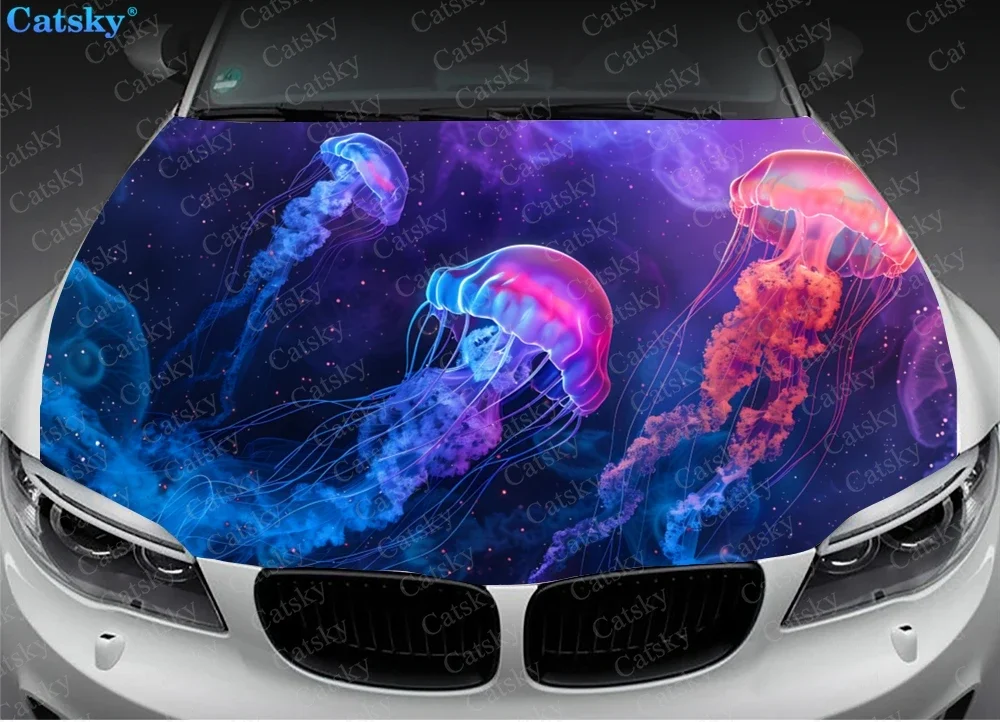 Purple Jellyfish Painting Car Hood Decal Stickers Wrap Vinyl Film Engine Cover Decals Sticker Car Hood Protective Film