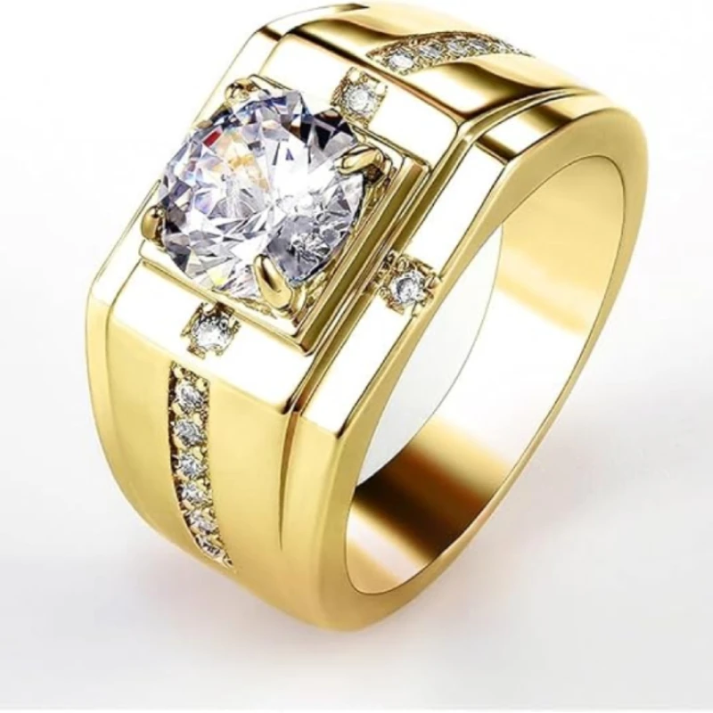 Huitan Luxury Silver Color Round Cubic Zircon Rings for Men Classic Wedding Ceremony Ring Dazzling Male Accessories Jewelry Hot