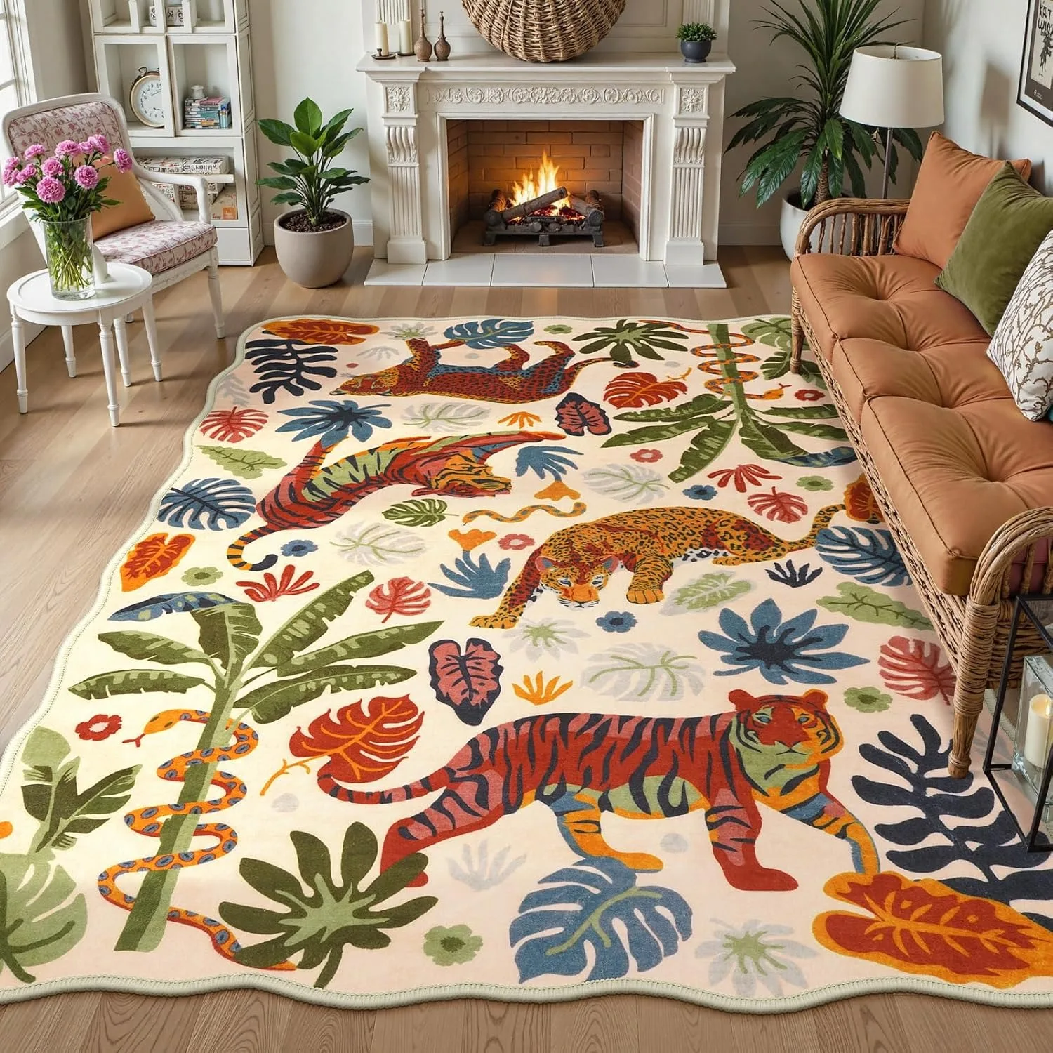 

American Living Room Carpet Large Machine Washable Floor Mat Dark Blue Jungle Tiger Rug Retro Home Decoration Rugs for Bedroom