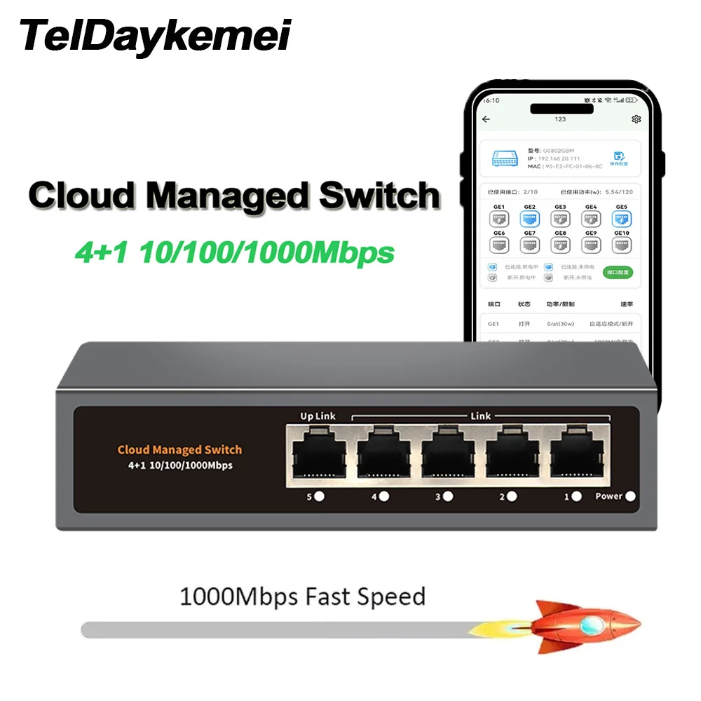 

WEB/APP Cloud Managed Gigabit Ethernet Network Switch 5 Port 100/1000Mbps Switch