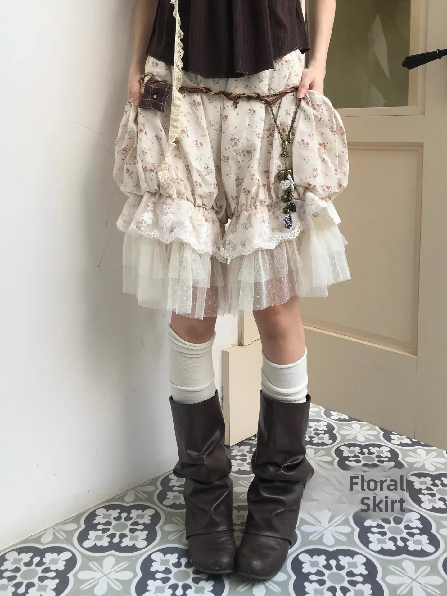 Retro Lace Bloom Short Pants Women's Casual Floral Print High Waist Cotton Blend A-Line Skirt Style City Walk Leisure Shorts