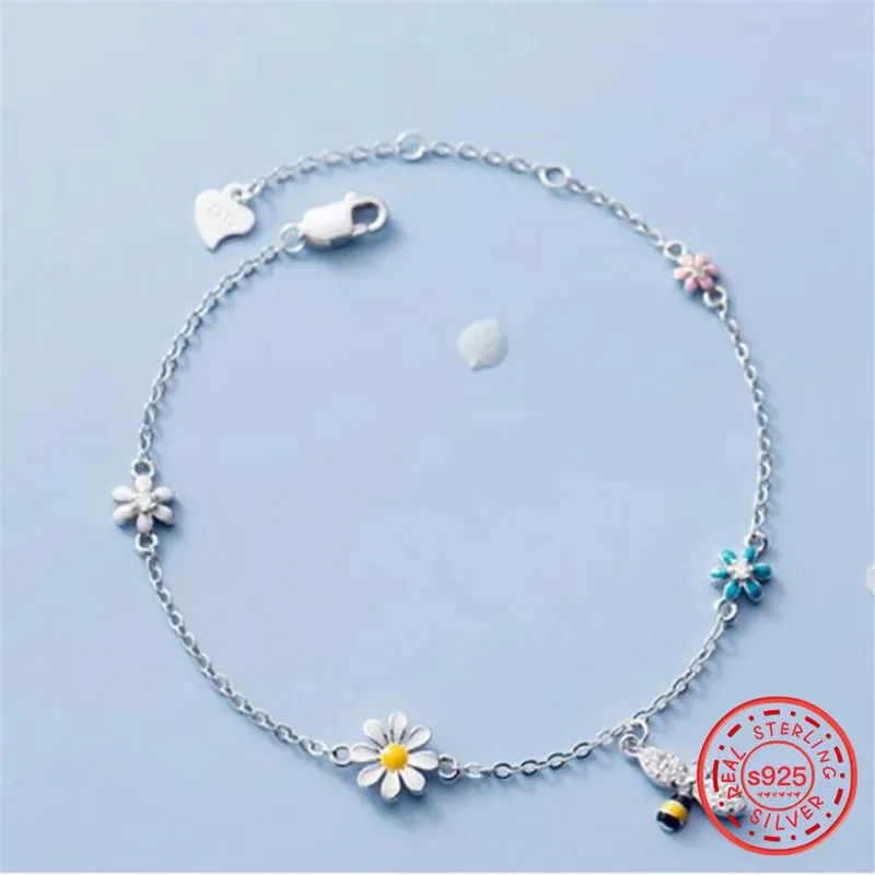 

925 Sterling Silver Tassel Zircon Daisy Bee Charm Bracelet Bangle For Women Girls Party Wedding Trendy Jewelry Accessories