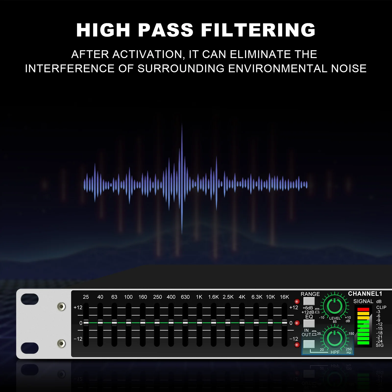 Dual Band Graphic Equalizer, Power Equalizer, Digital Audio Sound Processor, Active Balance, 15 Bands