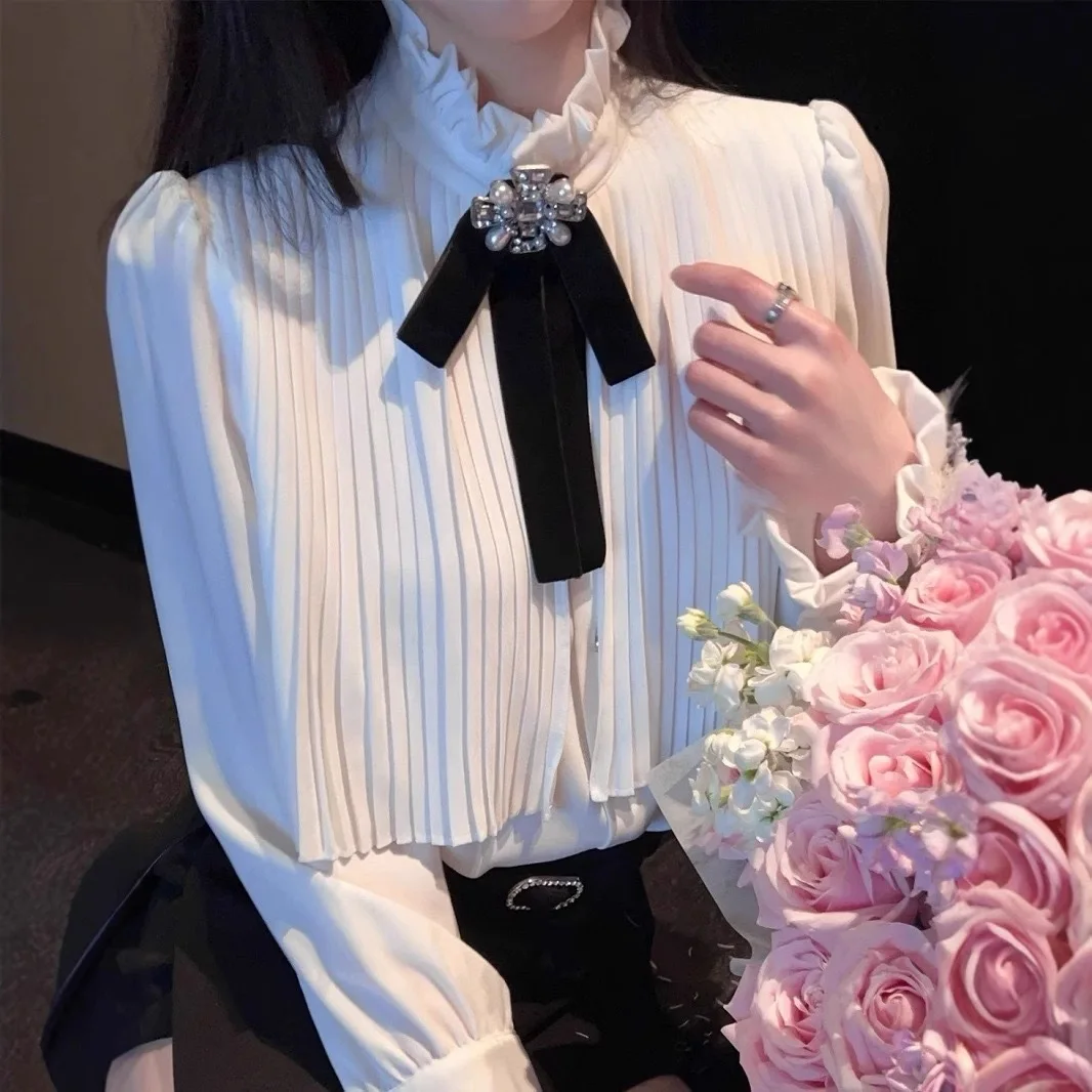 Femmes col montant bulle Sve irt plissé vêtements intérieurs printemps automne nouveau Sle confortable extensible longue Sve Blouse