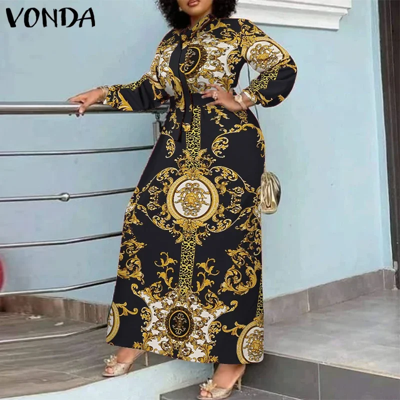 

Autumn Printed Maxi Dress Women Elegant Long Lantern Sleeve Bow Tie Sundress Casual Loose Party Robe Plus Size 5XL VONDA 2025