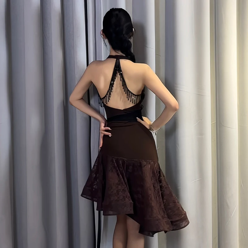 New Latin Dance Performance Clothes Female Adult Brown Tops Lace Skirt Adult Latin Competition Dress Club Party Wear DNV19263