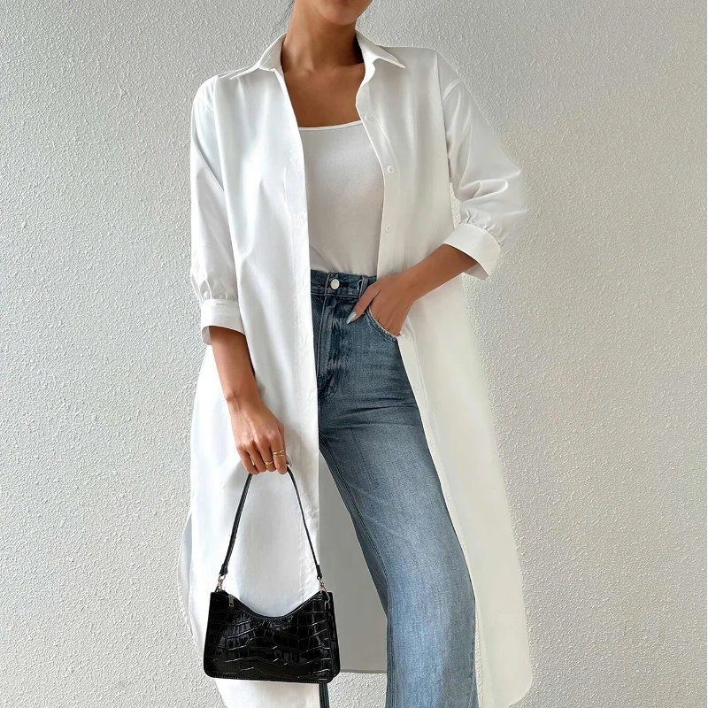 Autumn Collar Long Sleeved Solid Color Korean Versatile Long Style Women's Clothing Solid Color Cardigan Mid Sleeve Shirt Tops