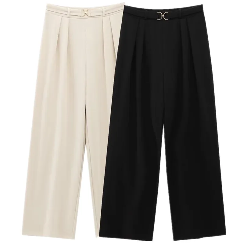 بنطلون رسمي للربيع بخصر عالٍ وساق مستقيمة بإبزيم معدني مزخرف سروال طويل مرن للسيدات موضة ممتازة