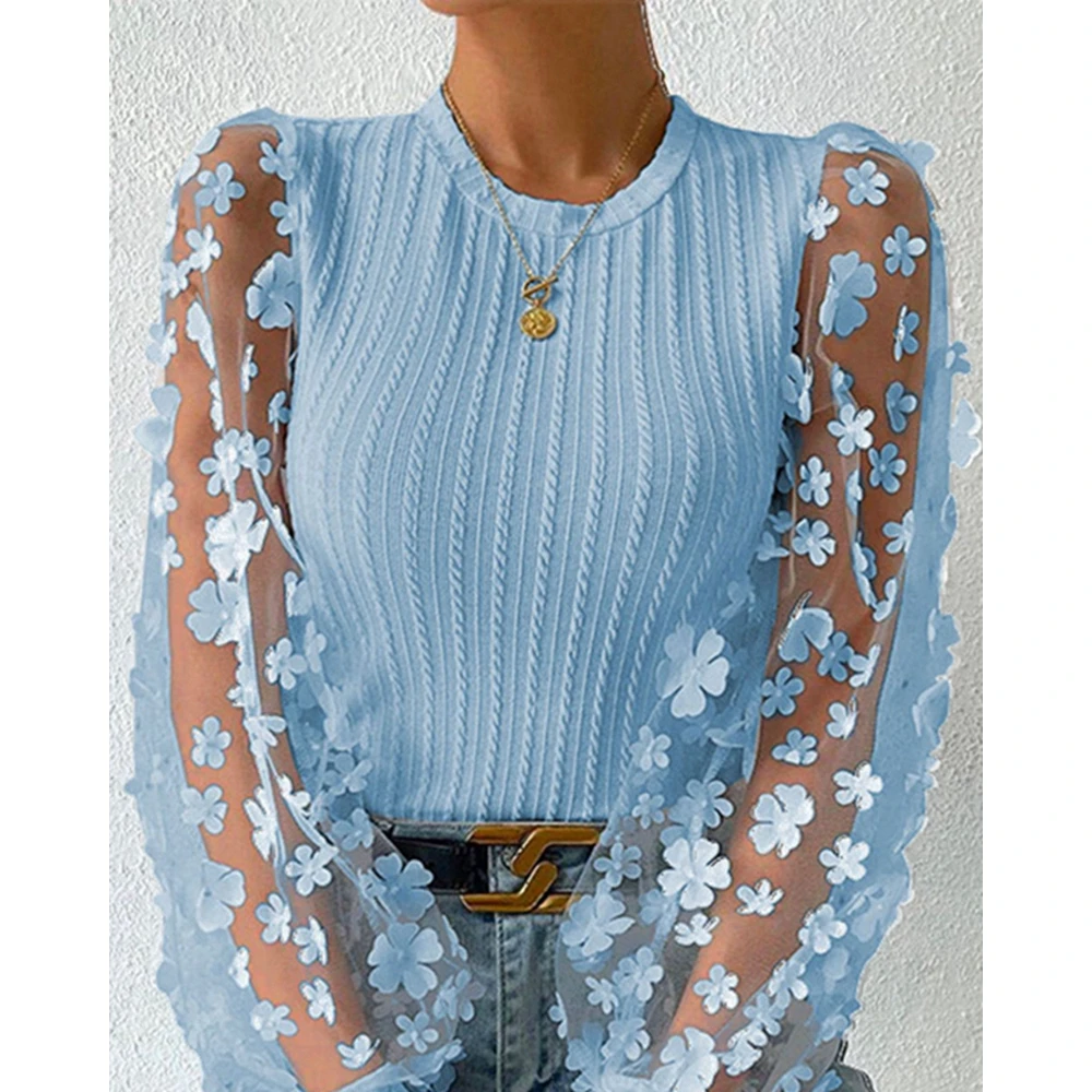 Women Sheer Mesh Floral Decor Long Sleeve Blue Tops Female O-Neck Fall Spring Casual Ribbed T Shirt y2k Streetwear Tees Clothes