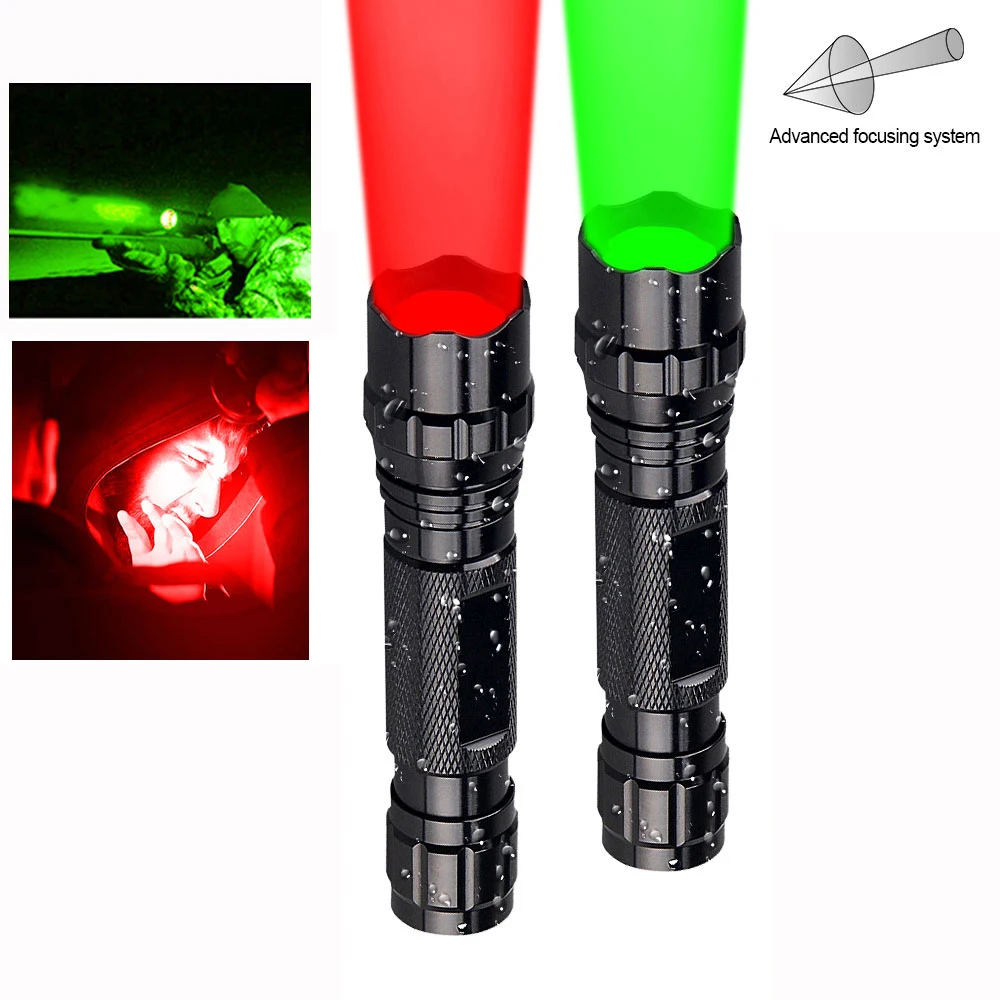 Tactical Green/Red Light Hunting Flashlight Adjustable Focus Zoom Torch Power by 18650 Battery for Outdoor Night Hunting Camping