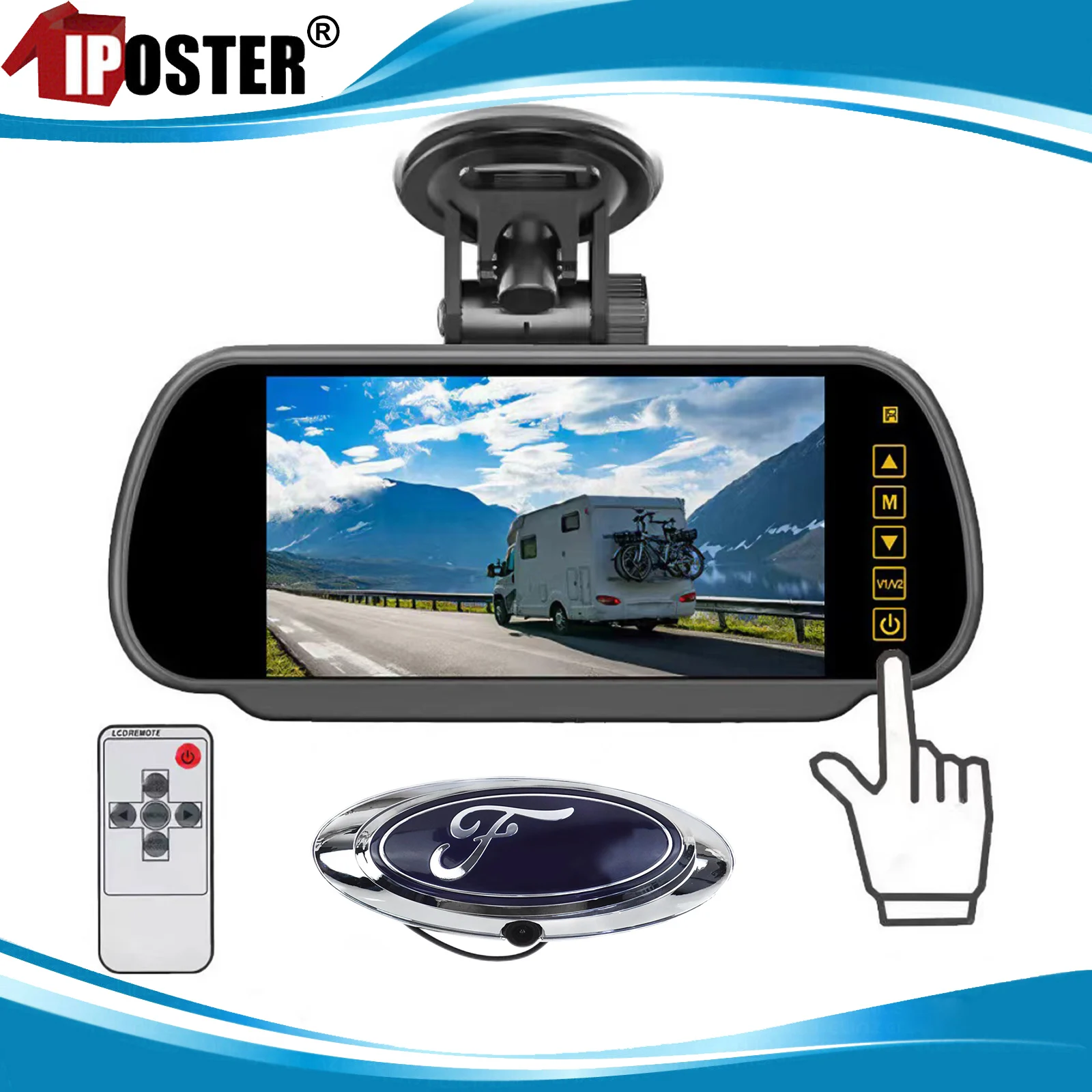 

iPoster 7" Mirror Monitor Dual Mounts Reversing 16:9 With Emblem Reverse Backup Camera 12V Kit HD Video For Truck Rv Bus Car