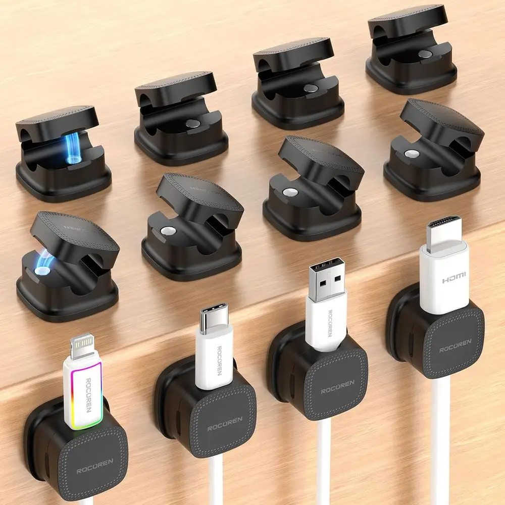 

12-Piece Magnetic Cable Organizer Set - Desk & Car Wire Holders, Black
