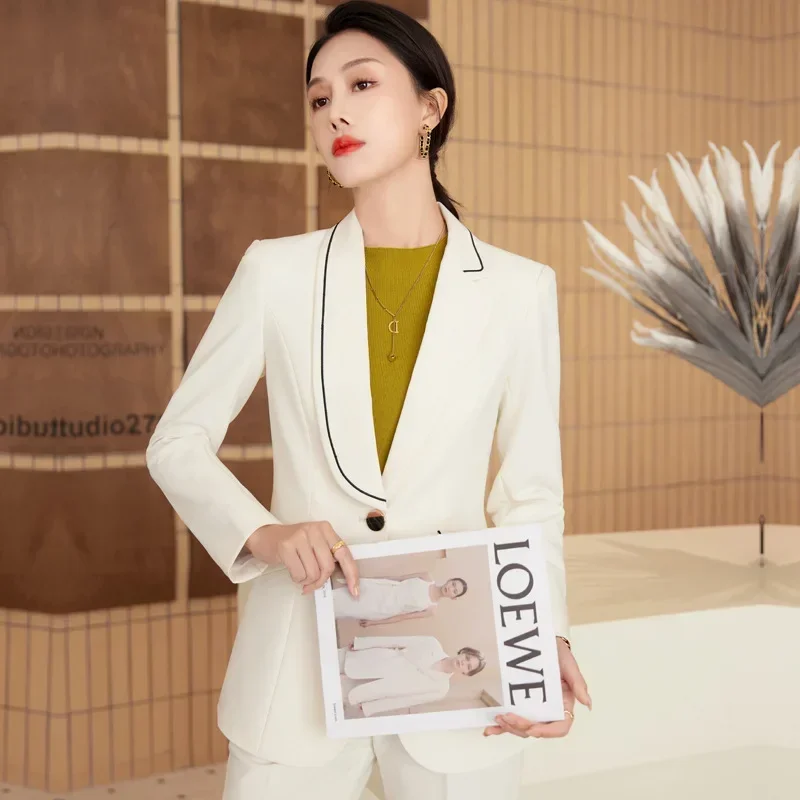 Beige setelan wanita, celana Blazer atau rok wanita kantor musim semi pakaian kerja Formal kasual elegan mantel gaun Prom