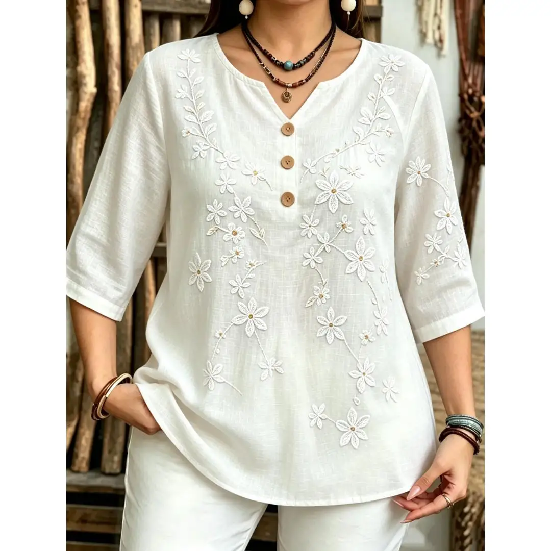 Women 3/4 Sleeve Notch V Neck Blouse Floral Embroidery Vintage Print Wooden Button Loose Casual Top