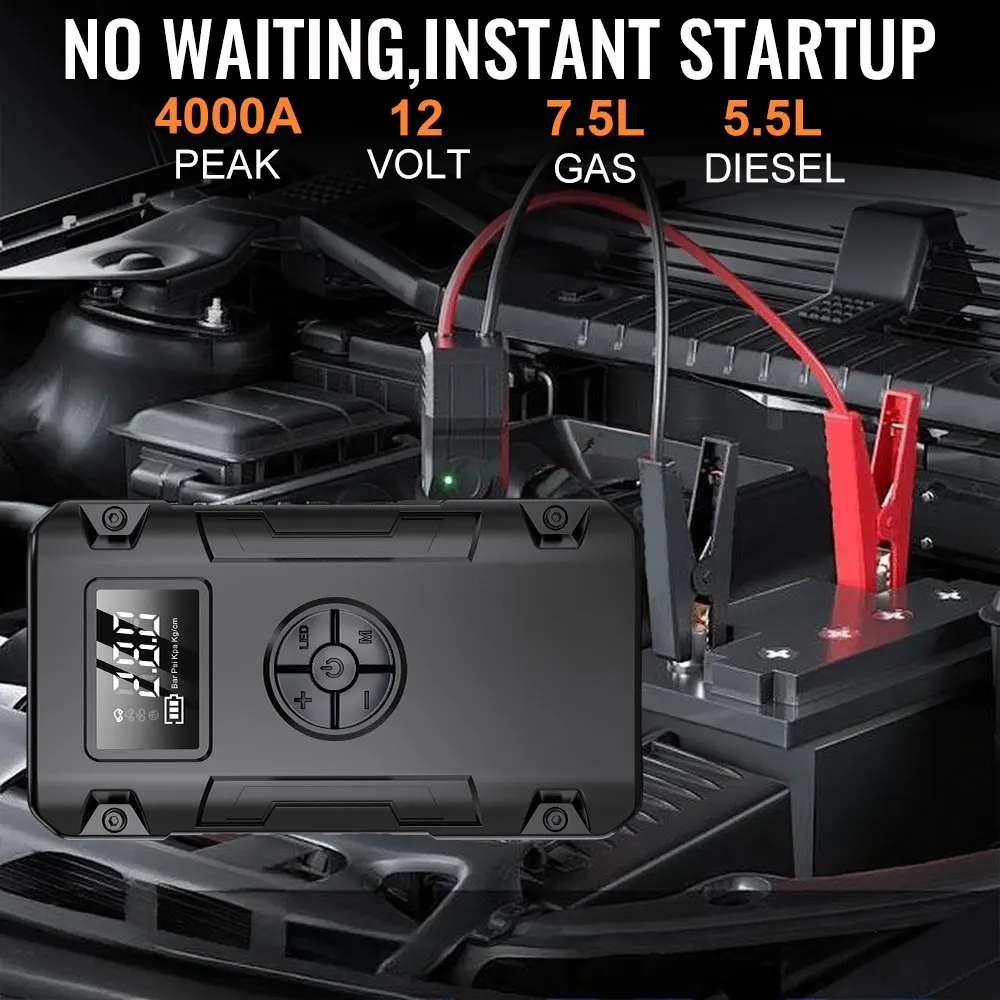 Car Jump Starter Battery Start Up Starting Power Repair Tools Tire Inflation Pump Automobile Emergency Clip 8000mAh For SUV RV Truck Motorcycle Universal Auto Accessories